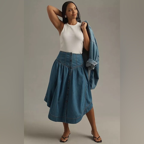 NWT! Anthropologie Pilcro Pleated Basque-Waist Denim Midi Skirt -14 PETITE ONLY🟣 - Picture 1 of 6